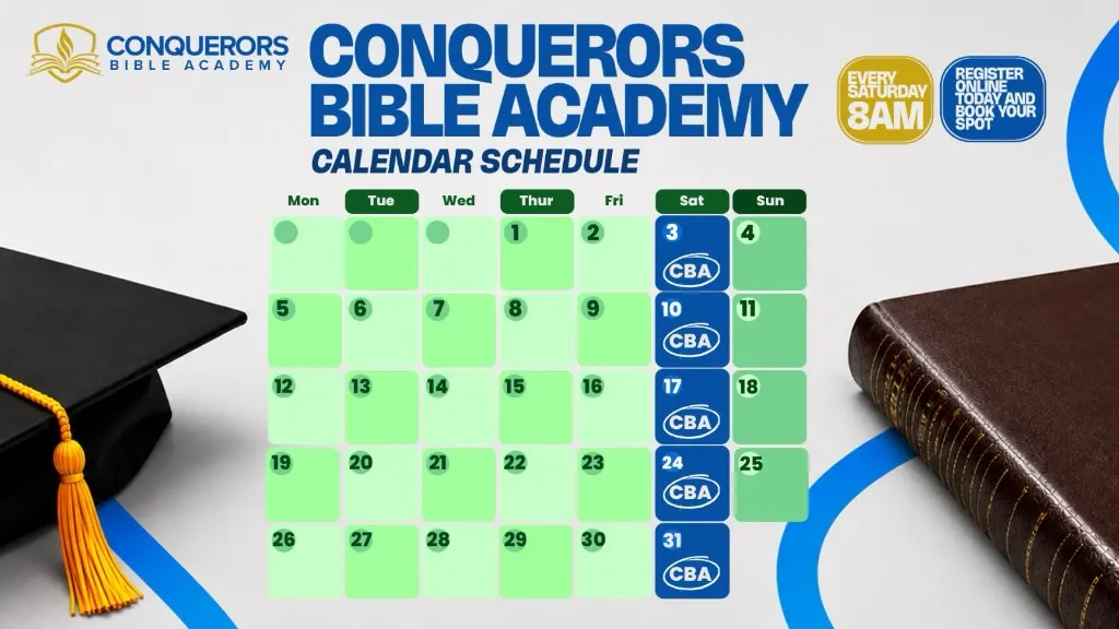 Conquerors Bible Academy calendar schedule for October 2026. Classes every Saturday at 8am on 3, 10, 17, 24, and 31 October.